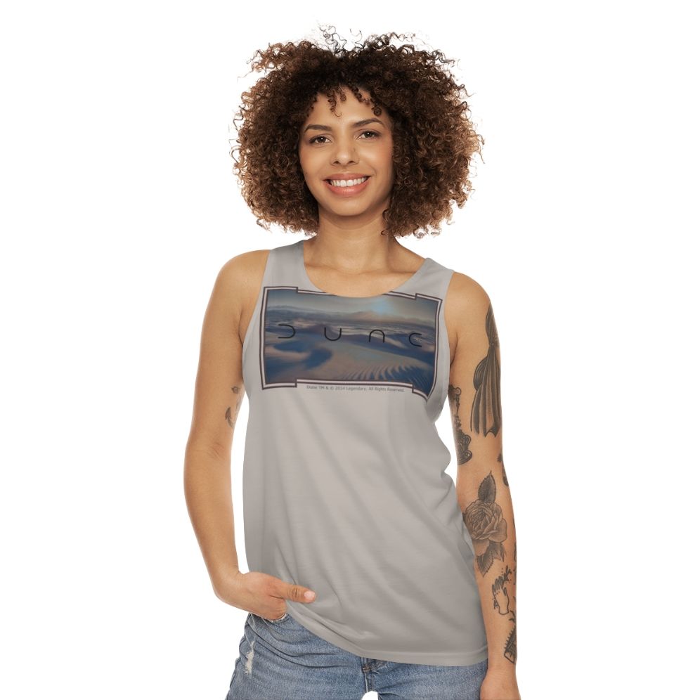 Dune-inspired unisex tank top with a greyish beige background - women