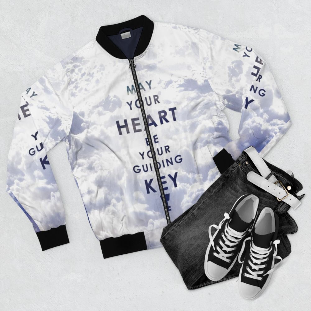 Kingdom Hearts Bomber Jacket featuring a graphic design with the text "May your Heart be your guiding Key" - Flat lay