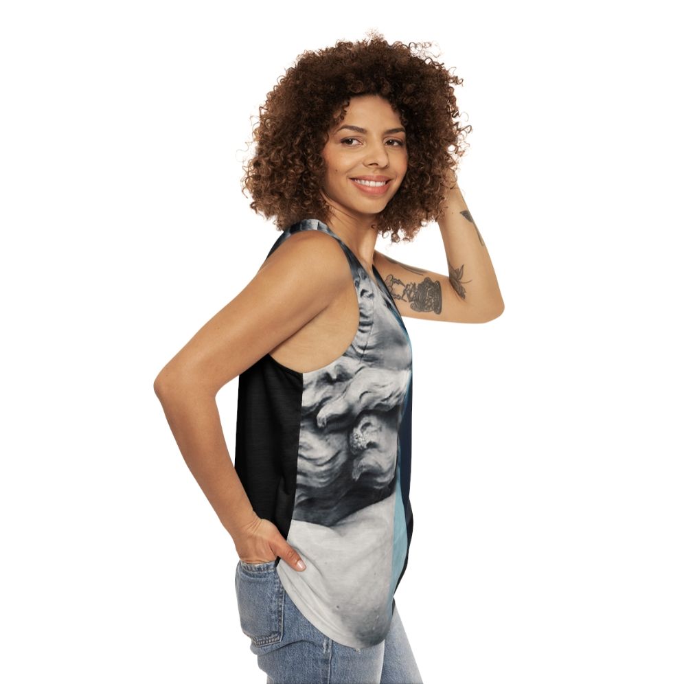 Degeneration unisex tank top with graphic design inspired by Greek mythology - women side