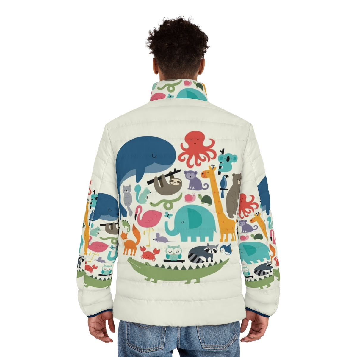 Model wearing the We Are One puffer jacket featuring various animal designs - men back