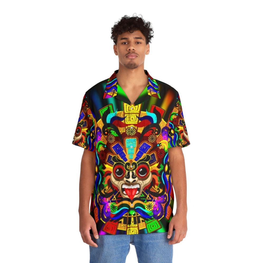 Colorful Aztec warrior mask print on a Hawaiian style shirt - People Front