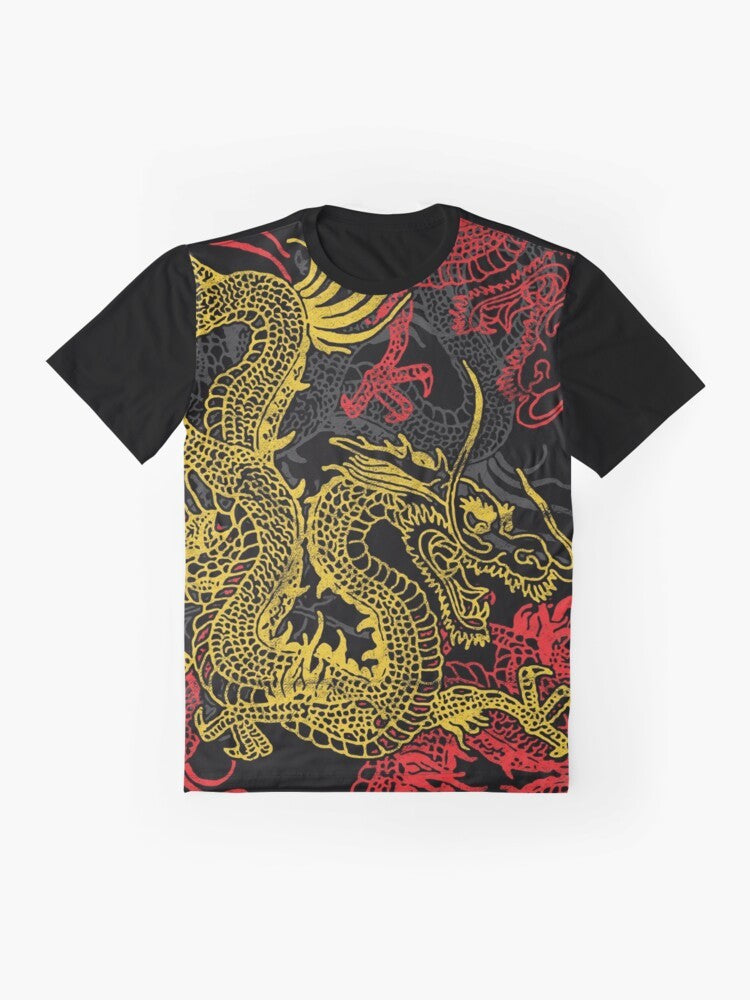 Graphic t-shirt featuring a golden Chinese dragon pattern, a mythical and powerful creature from Asian folklore. - Flat lay