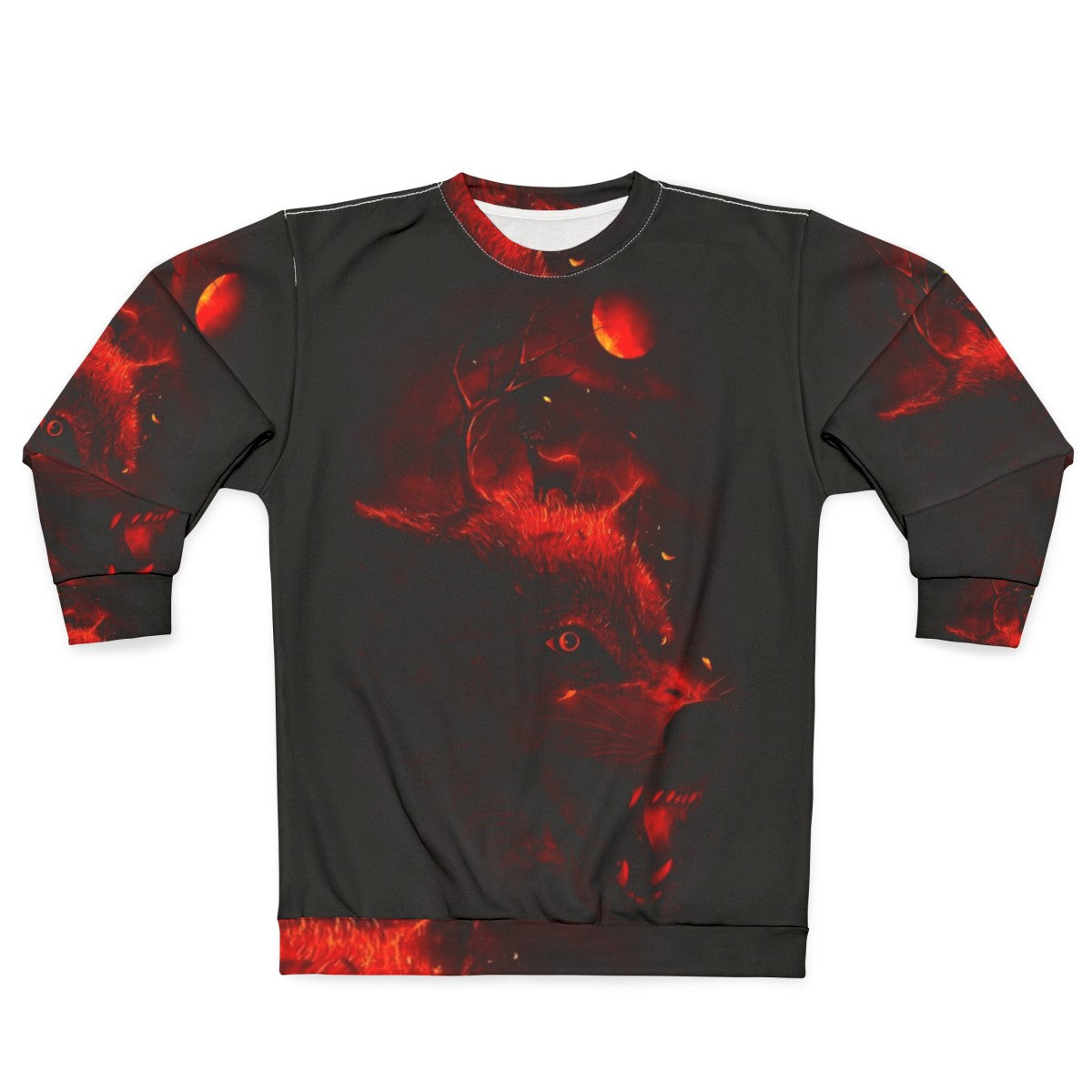 Red sweatshirt with dark night sky, wolf and deer silhouettes