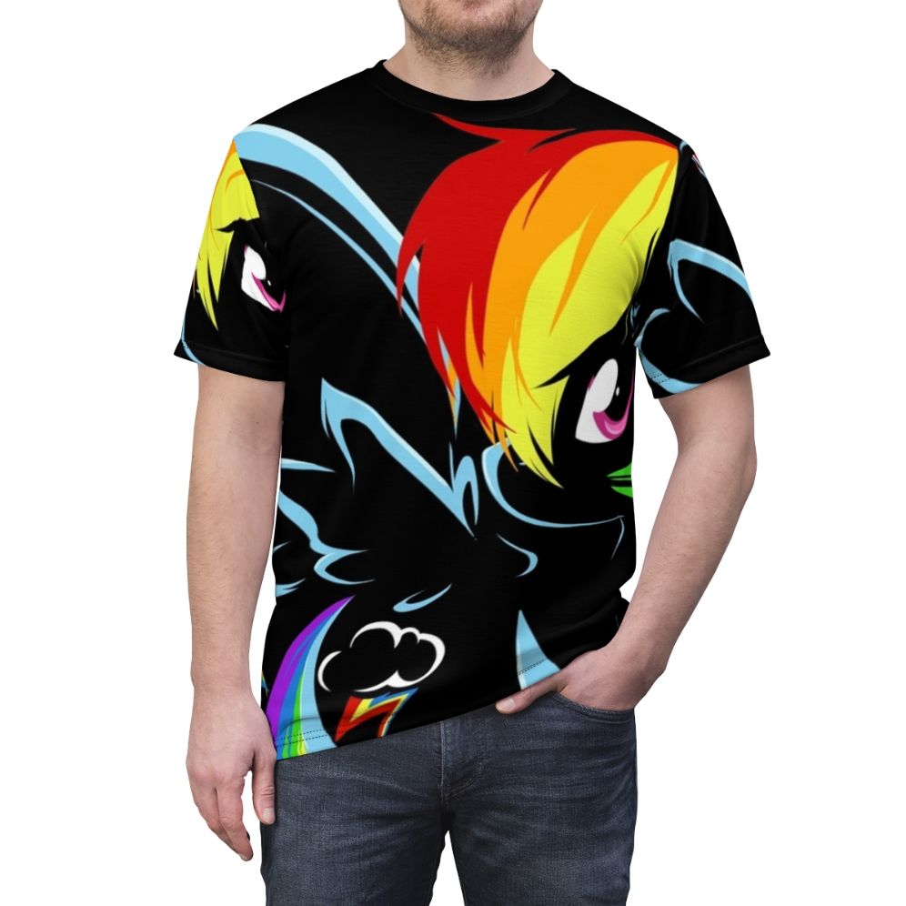 Vibrant t-shirt design featuring a rainbow-colored horse inspired by the My Little Pony animation series. - men front