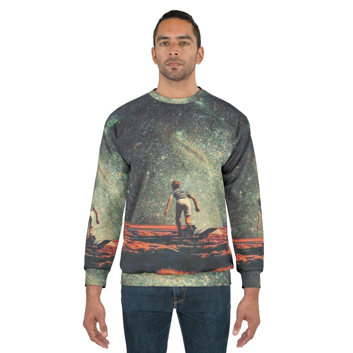 Nostalgia vintage graphic sweatshirt featuring a colorful collage design with space, stars, and retro elements - men