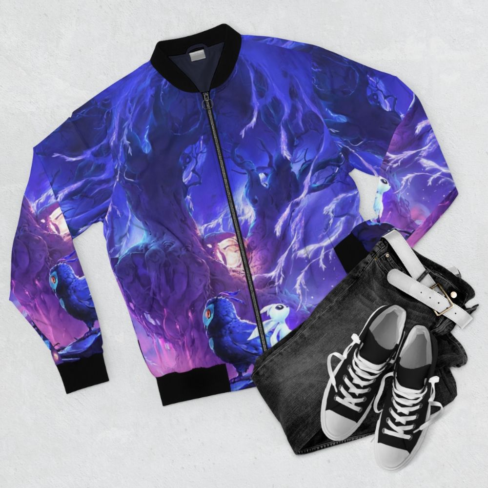 Ori and the Will of the Wisps Bomber Jacket featuring a light burst design inspired by the video game - Flat lay