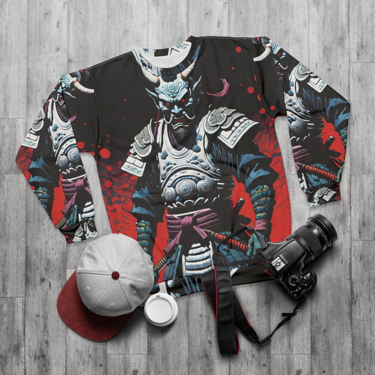 Samurai demon oni anime inspired Japanese warrior sweatshirt - flat lay