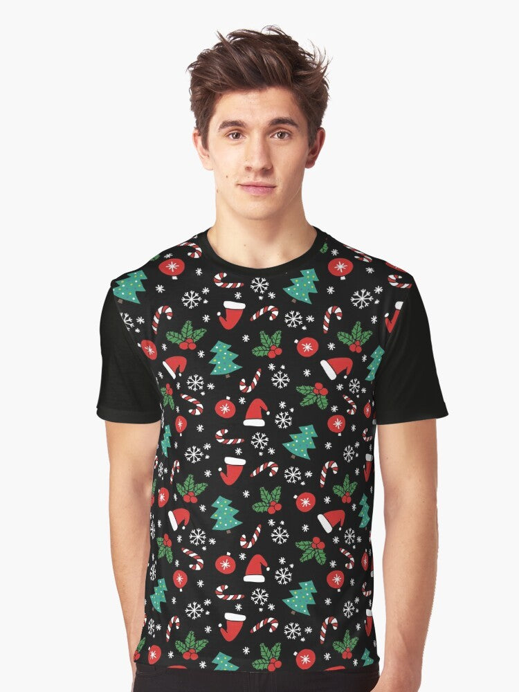 Christmas graphic t-shirt with festive holiday design featuring a tree, snowflakes, and holiday elements. - Men