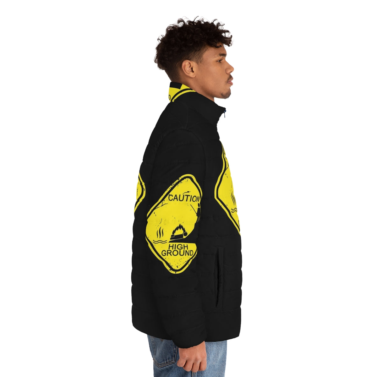 High ground caution puffer jacket with stick figure and star wars prequel meme inspired design - men side right