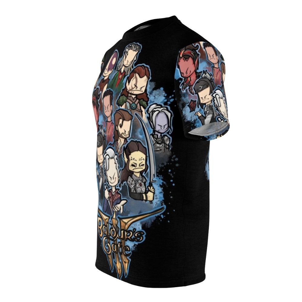 Adventuring Party AOP T-shirt featuring characters from the Baldur's Gate franchise - men left