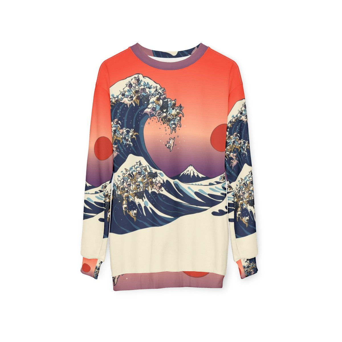 French bulldog wearing sweatshirt with Hokusai's great wave design - hanging