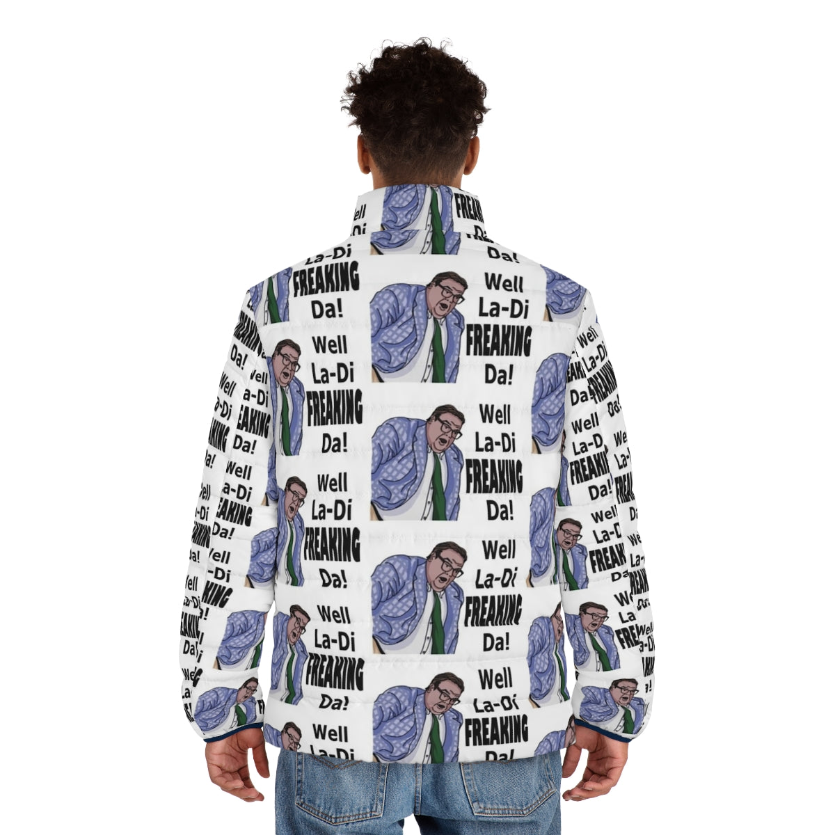 Matt Foley "Van Down by the River" Puffer Jacket featuring a classic 90s comedy design - men back