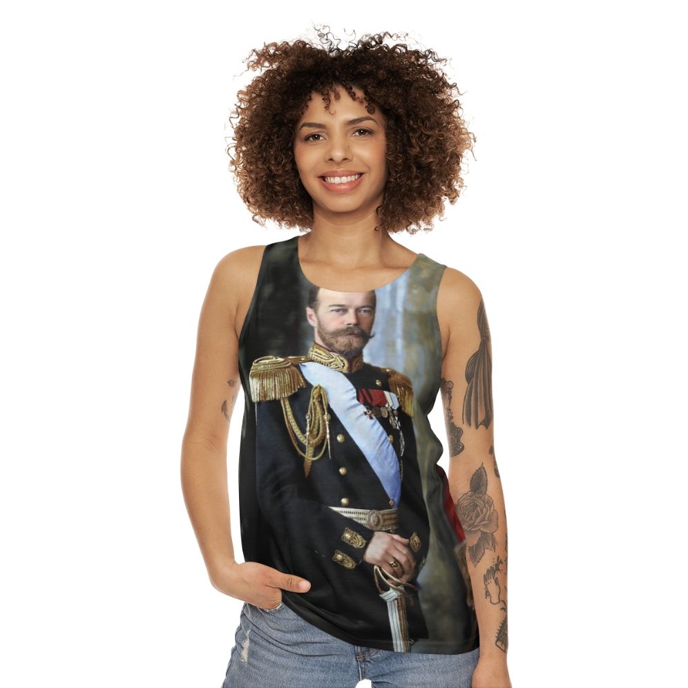 Unisex tank top featuring a historical portrait of Czar Nicholas II of Russia - women