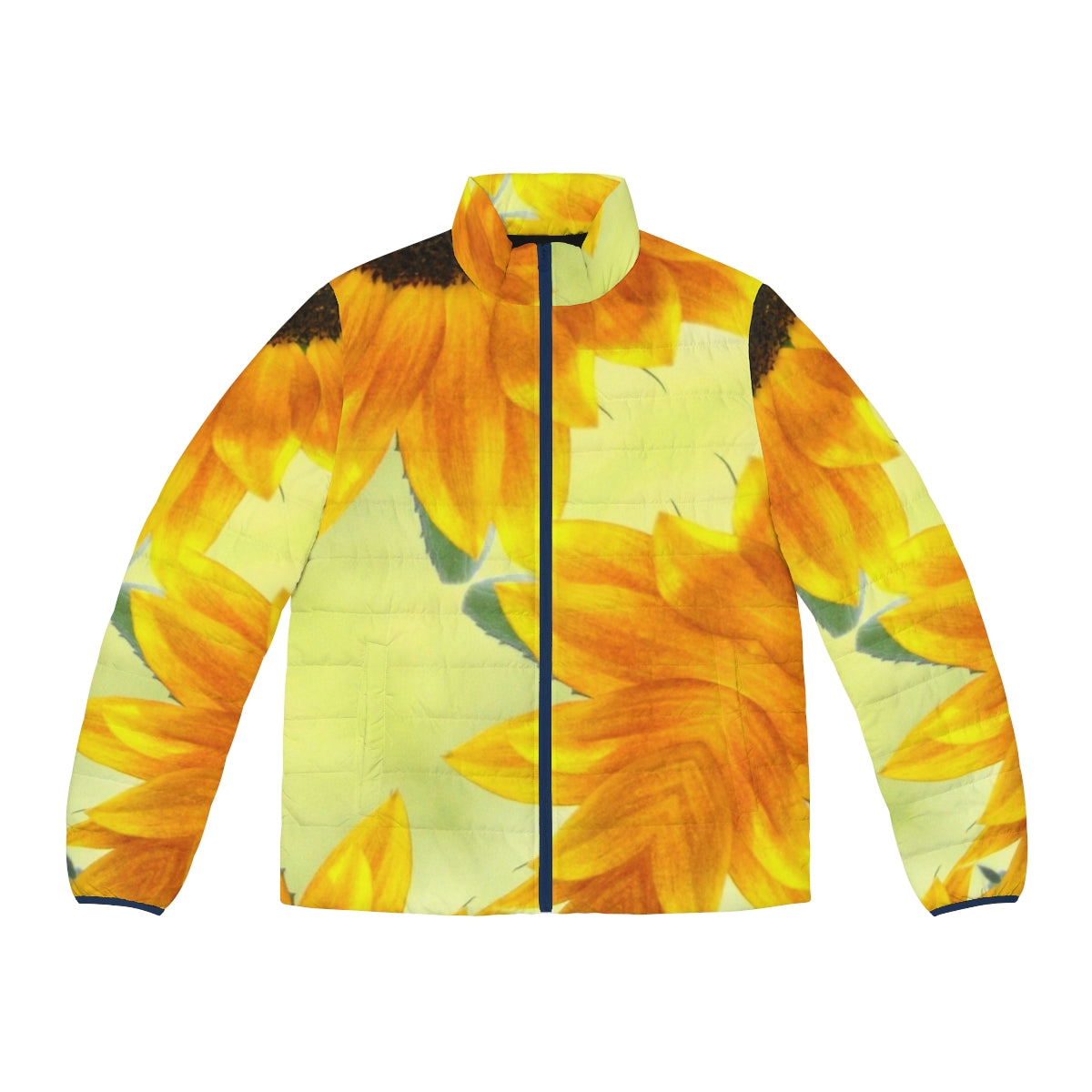 Sunflower patterned puffer jacket with yellow and black design