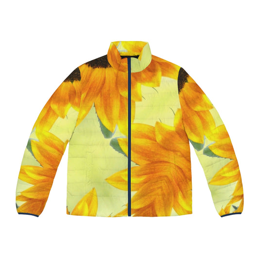 Sunflower patterned puffer jacket with yellow and black design