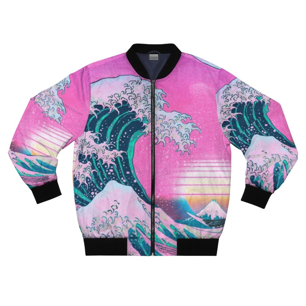 Vaporwave aesthetic retro sunset bomber jacket with Great Wave off Kanagawa design