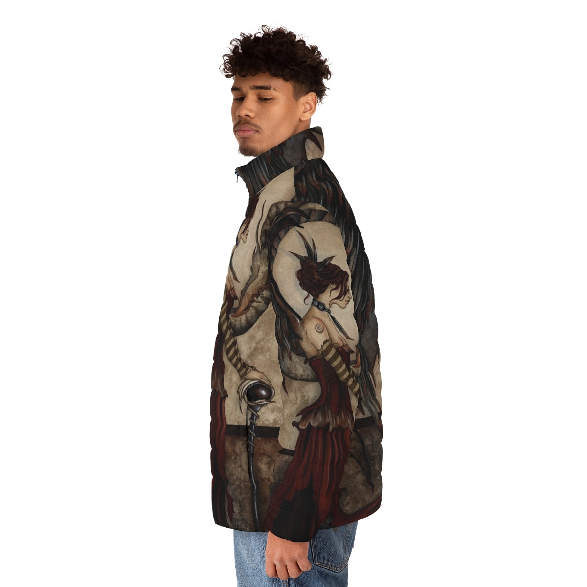 A dark and mystical puffer jacket featuring a dragon design in a fantasy art style - men side left