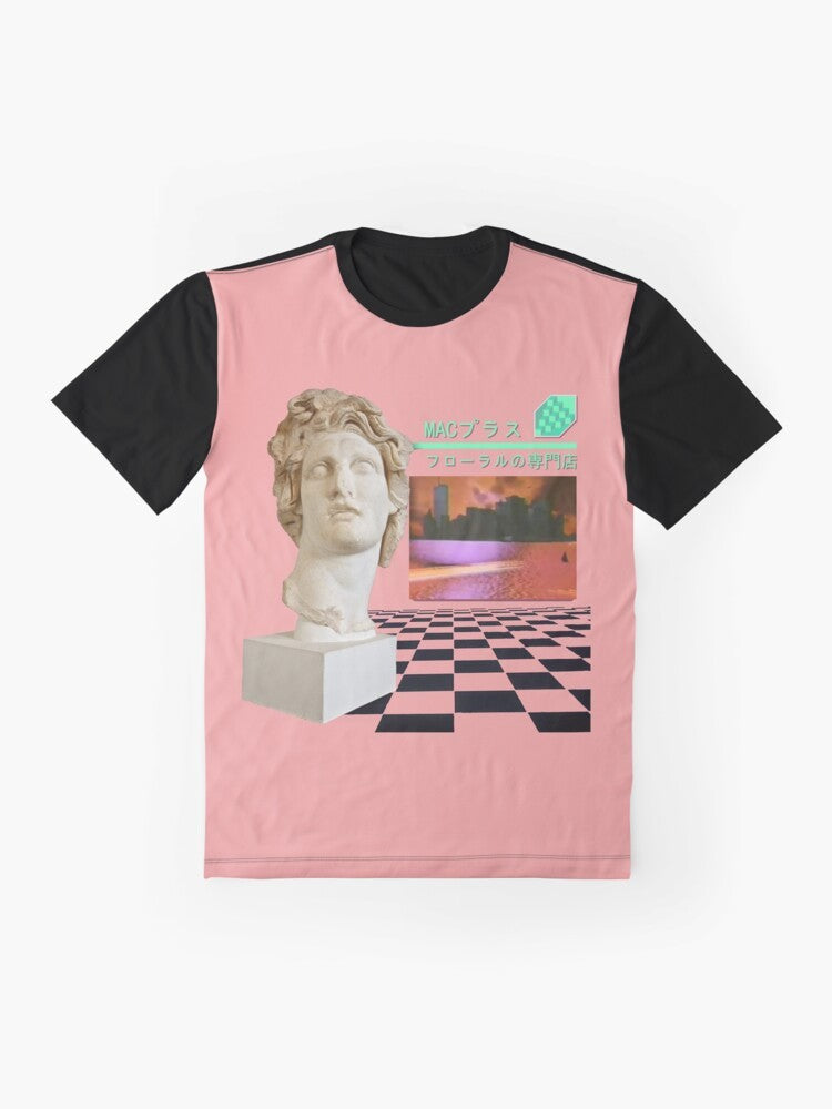 Macintosh Plus Floral Graphic T-Shirt with Retro Vaporwave Aesthetic - Flat lay