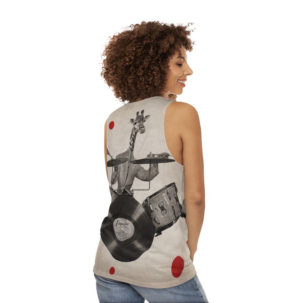 Surreal giraffe drummer anthropomorphic unisex tank top - women back