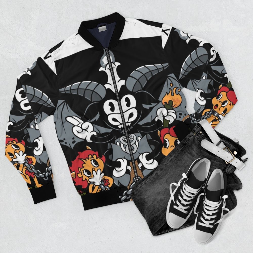 Vintage tarot devil baphomet bomber jacket with retro design - Flat lay