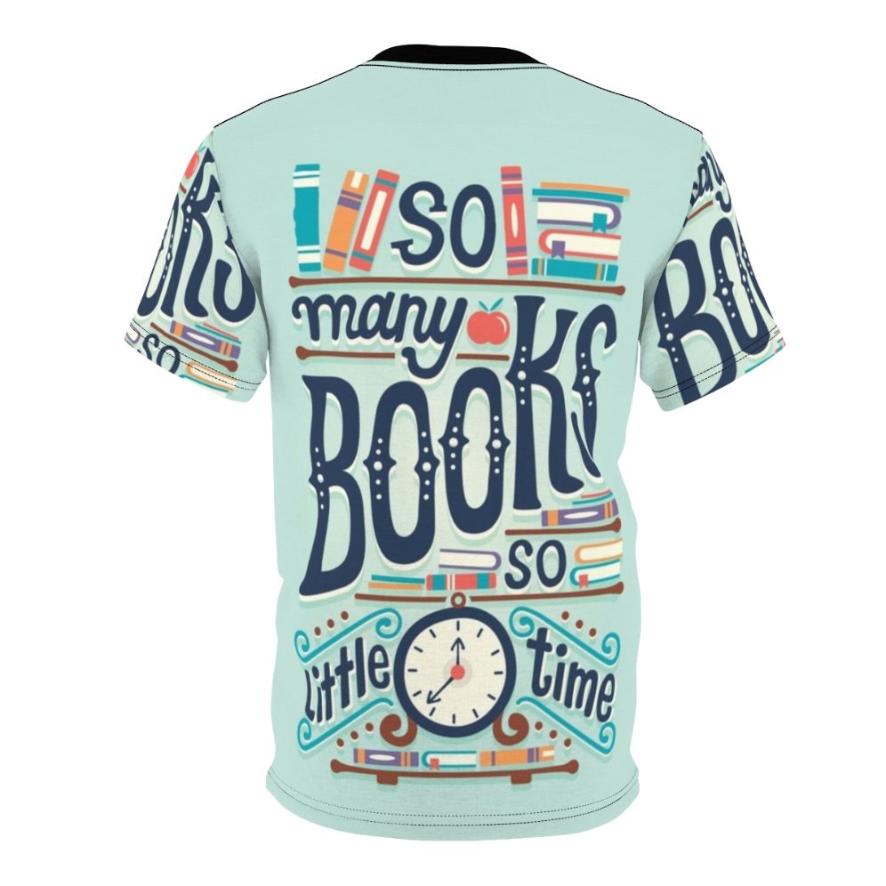 A T-shirt featuring the phrase "So Many Books, So Little Time" in a hand-lettered typography design, perfect for book lovers and bookworms. - Back