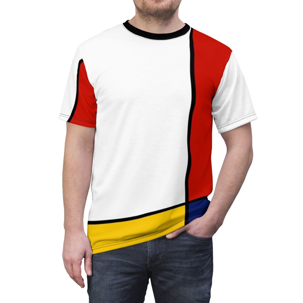 Vibrant abstract Mondrian-style geometric art design printed on a high-quality t-shirt. - men front