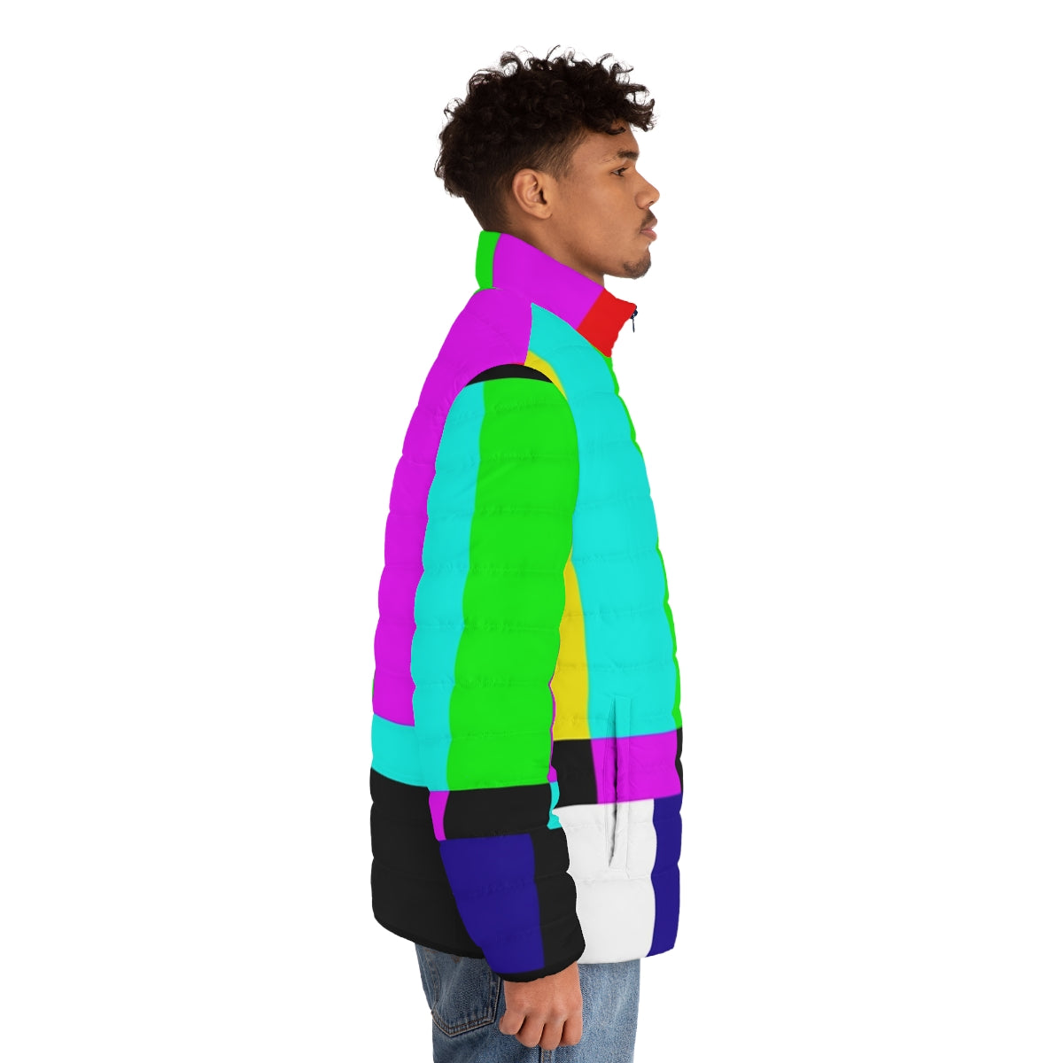 SMPTE color bars puffer jacket featuring a vibrant, technical graphic design - men side right