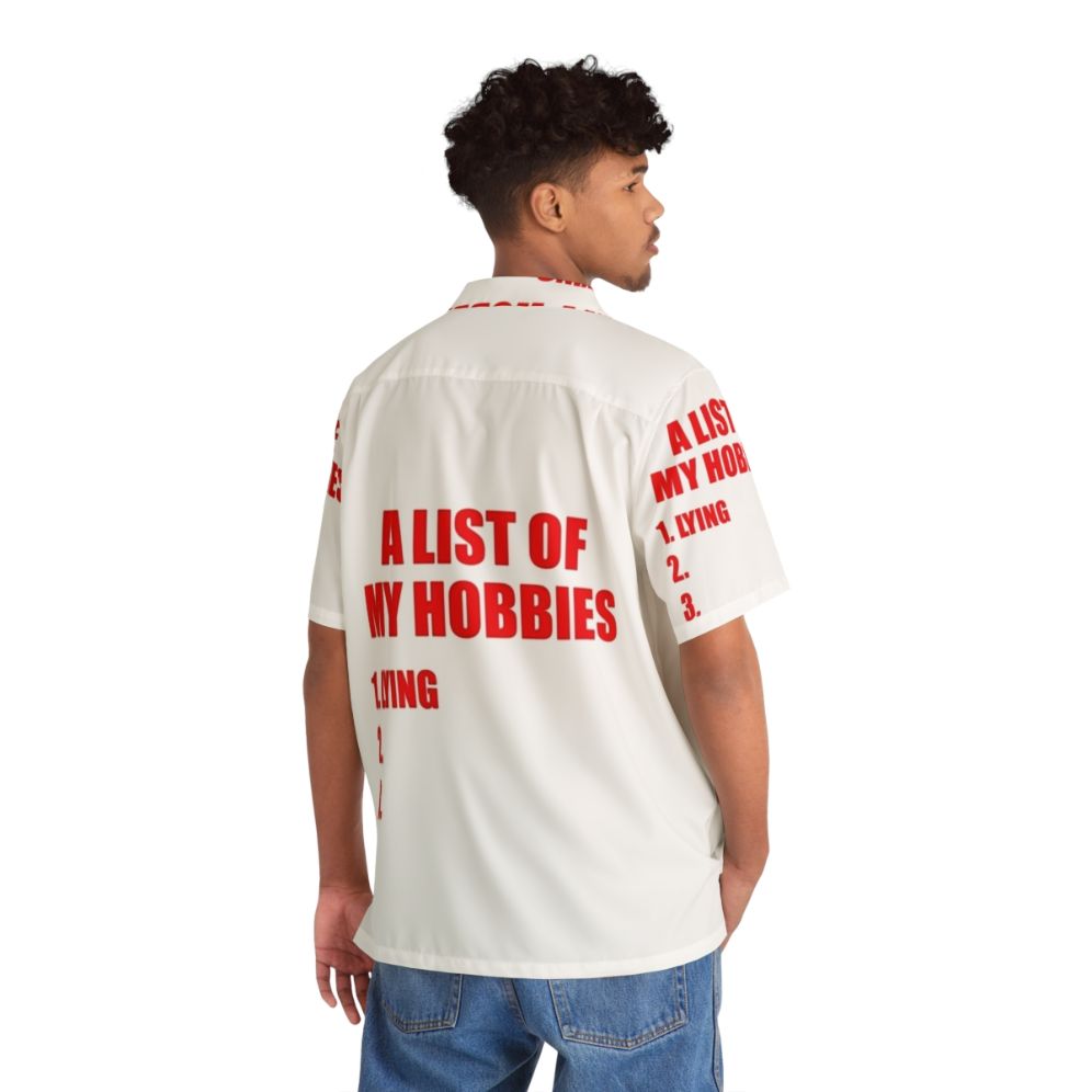 A vibrant Hawaiian shirt featuring a printed list of hobbies - People Back