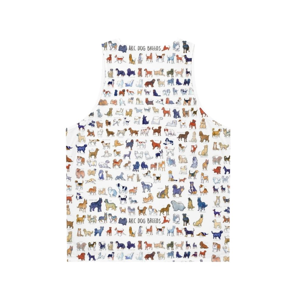 Unisex tank top featuring watercolor illustrations of every AKC dog breed - Back