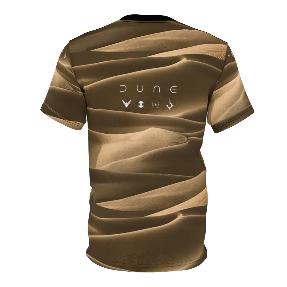 Stylized Dune faction design t-shirt featuring the Atreides, Fremen, Bene Gesserit, and Harkonnen symbols - Back