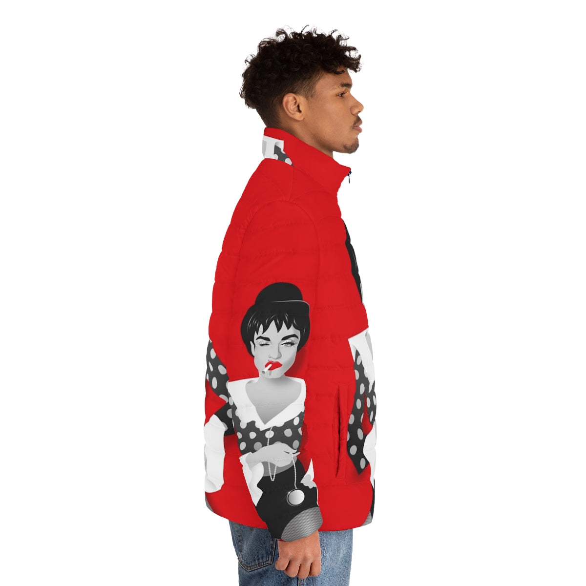 Woman wearing a vibrant polka dot puffer jacket designed by Alejandro Mogolloart - men side right