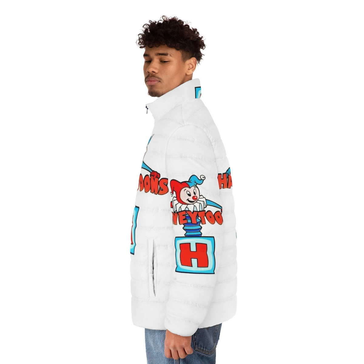 Harveytoons character logo puffer jacket featuring classic comic characters - men side left