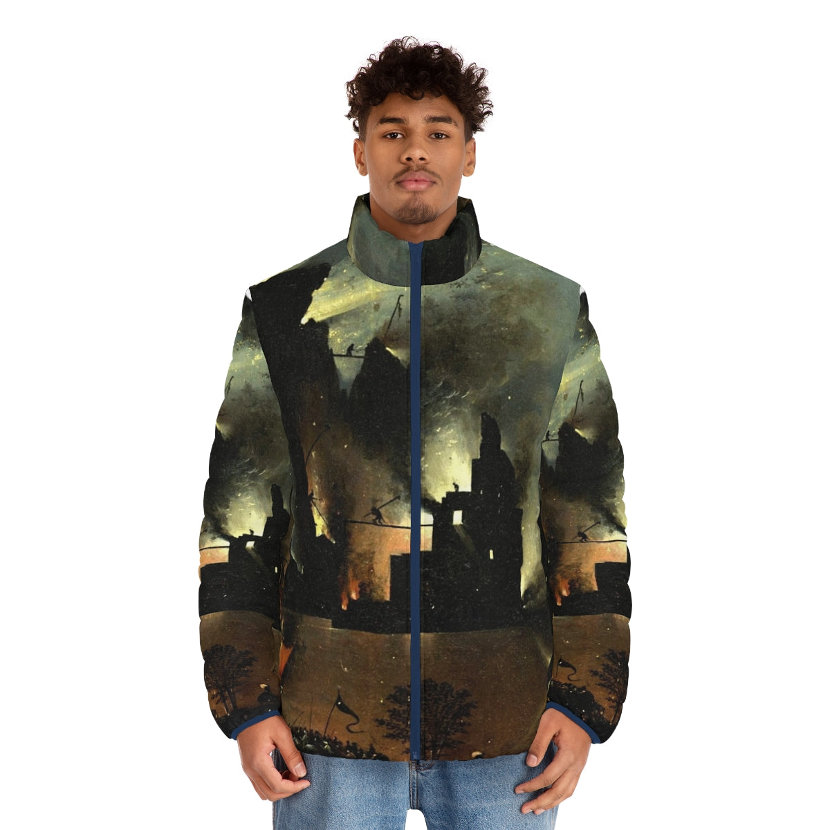 Hieronymus Bosch inspired puffer jacket with vibrant hell-inspired design - men front