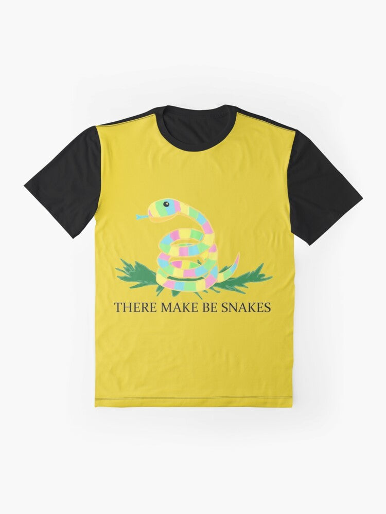 "There May Be Snakes" Graphic T-Shirt featuring a snake silhouette design for outdoor enthusiasts and adventure seekers. - Flat lay