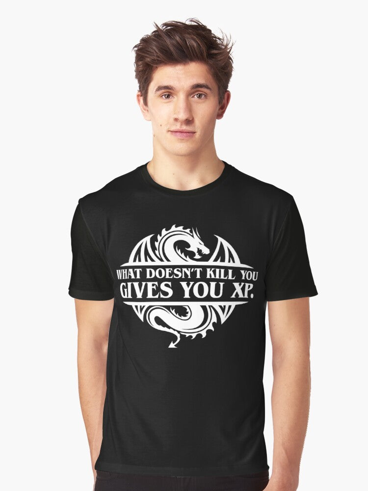 Dungeons and Dragons themed t-shirt with the text "What Doesn't Kill You Gives You XP" and fantasy gaming elements. - Men