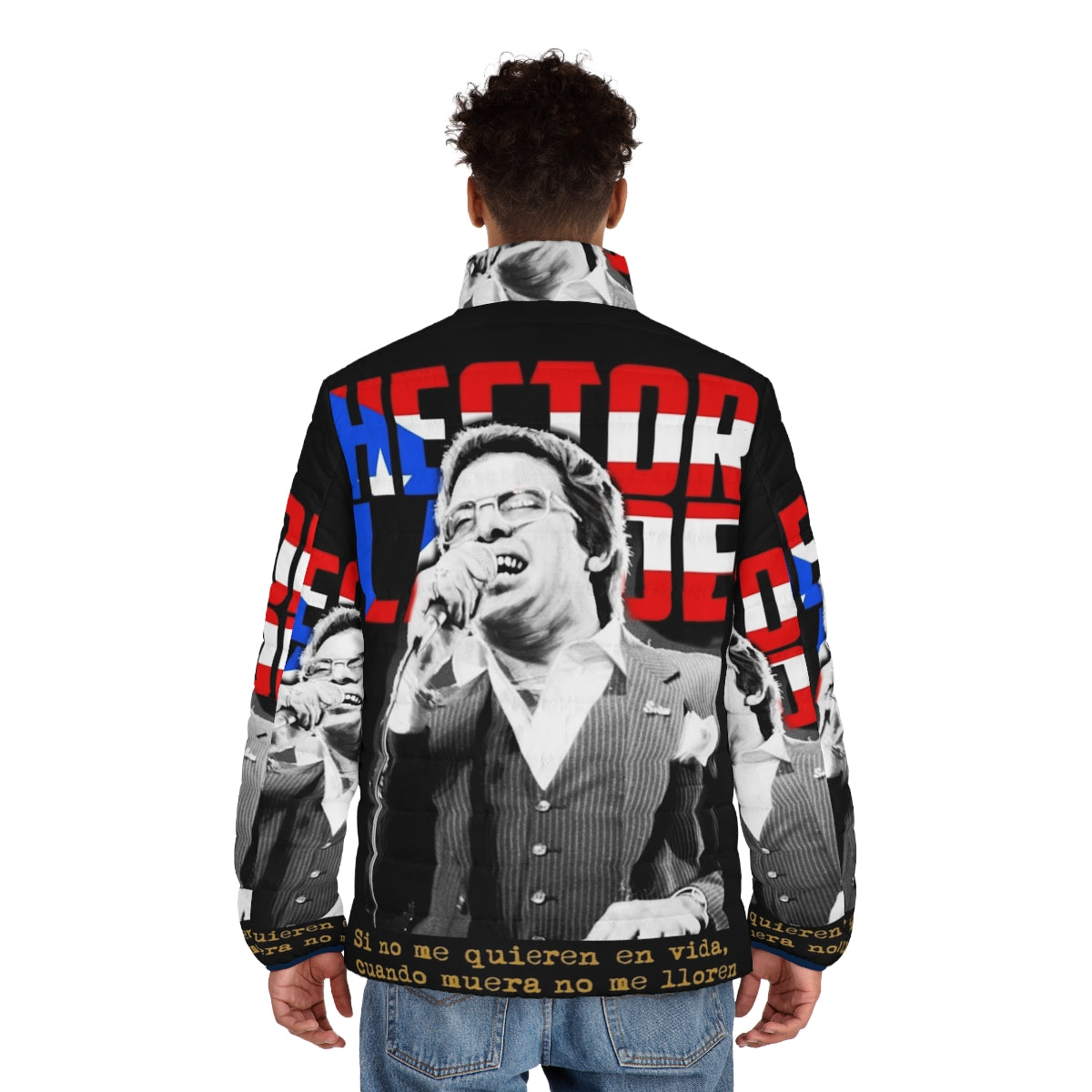 Hector Lavoe inspired salsa puffer jacket, featuring vibrant Latin music graphics - men back