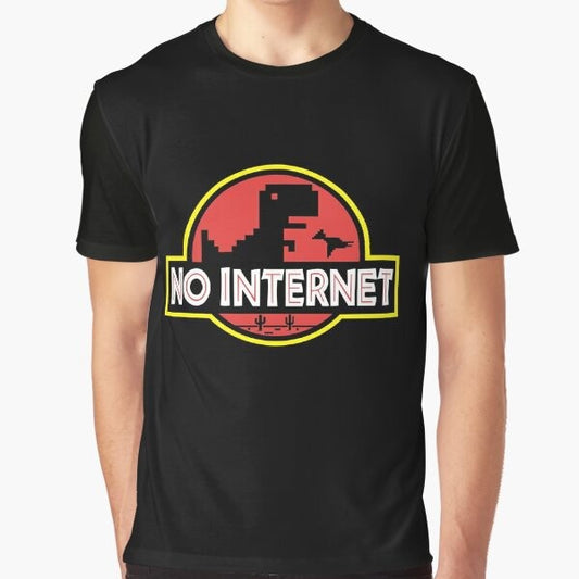 Graphic t-shirt featuring the Jurassic Park logo and a pixel dinosaur in a "no internet" offline game style