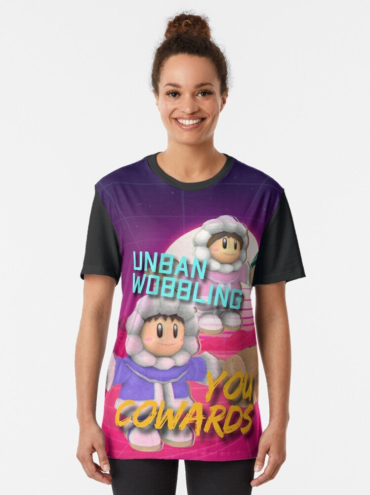 Graphic t-shirt design featuring the banned "wobbling" technique from the ice climbers character in Super Smash Bros. - Women