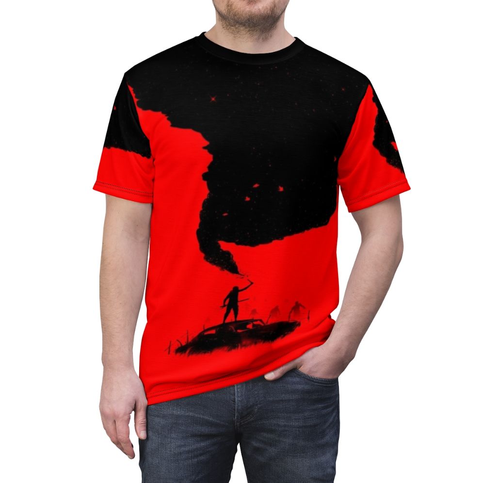 A dystopian graphic t-shirt featuring a silhouetted figure with a sword against a negative space background with sos text. - men front