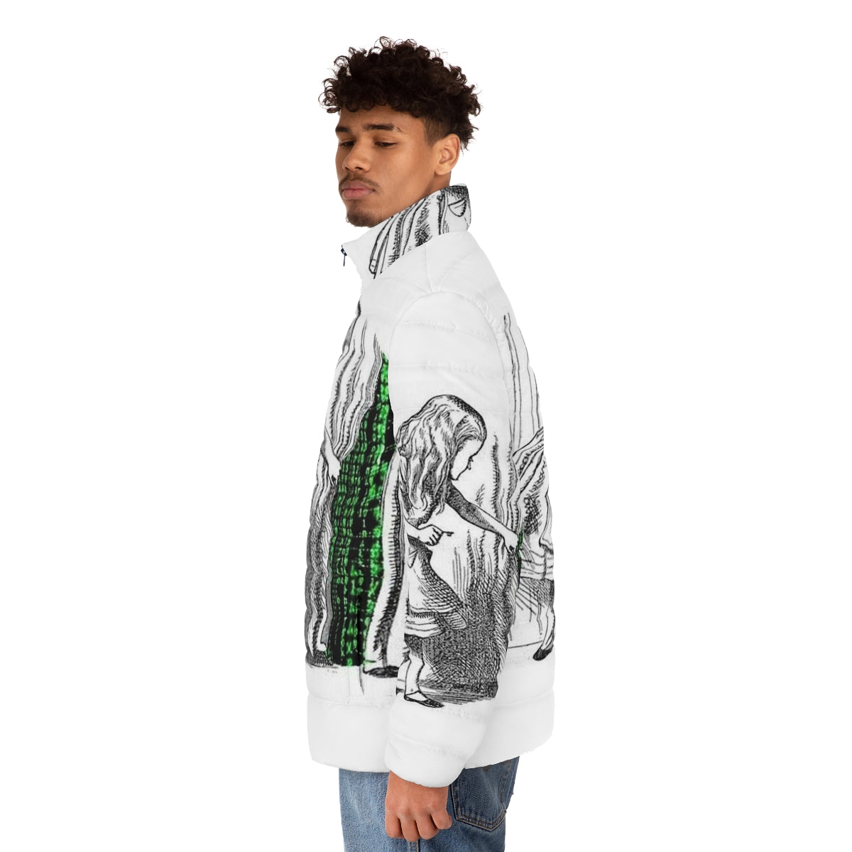 Matrix-inspired Alice puffer jacket with philosophy references - men side left