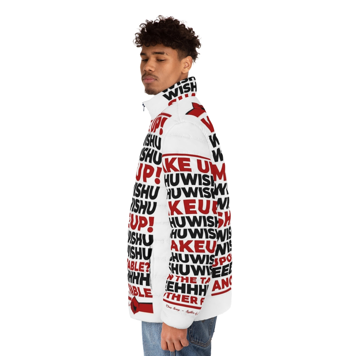 Chop Suey Puffer Jacket featuring the iconic System of a Down song lyrics - men side left