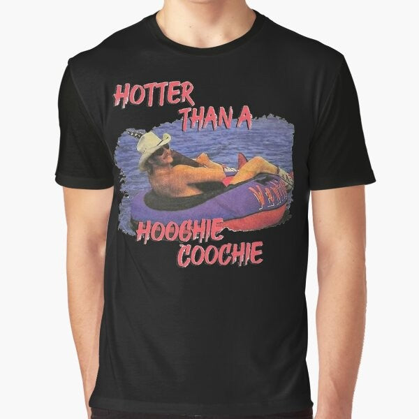 Country music graphic t-shirt featuring the text "Hotter Than A Hoochie Coochie" with a design inspired by Alan Jackson and Denise Jackson.