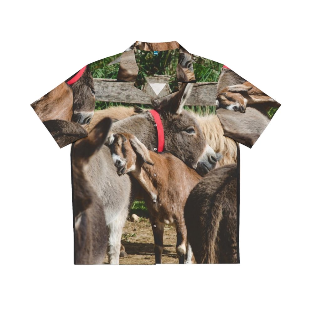 Adorable donkey in Hawaiian shirt