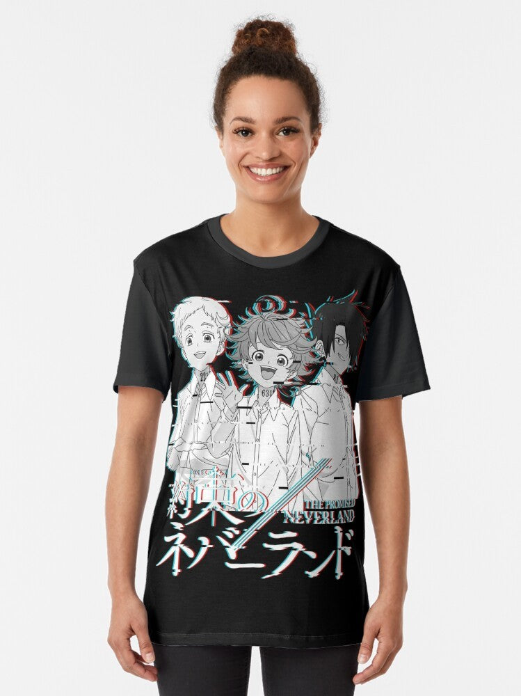 The Promised Neverland Glitch Graphic T-Shirt featuring characters Emma, Norman, and Ray from the popular anime and manga series. - Women