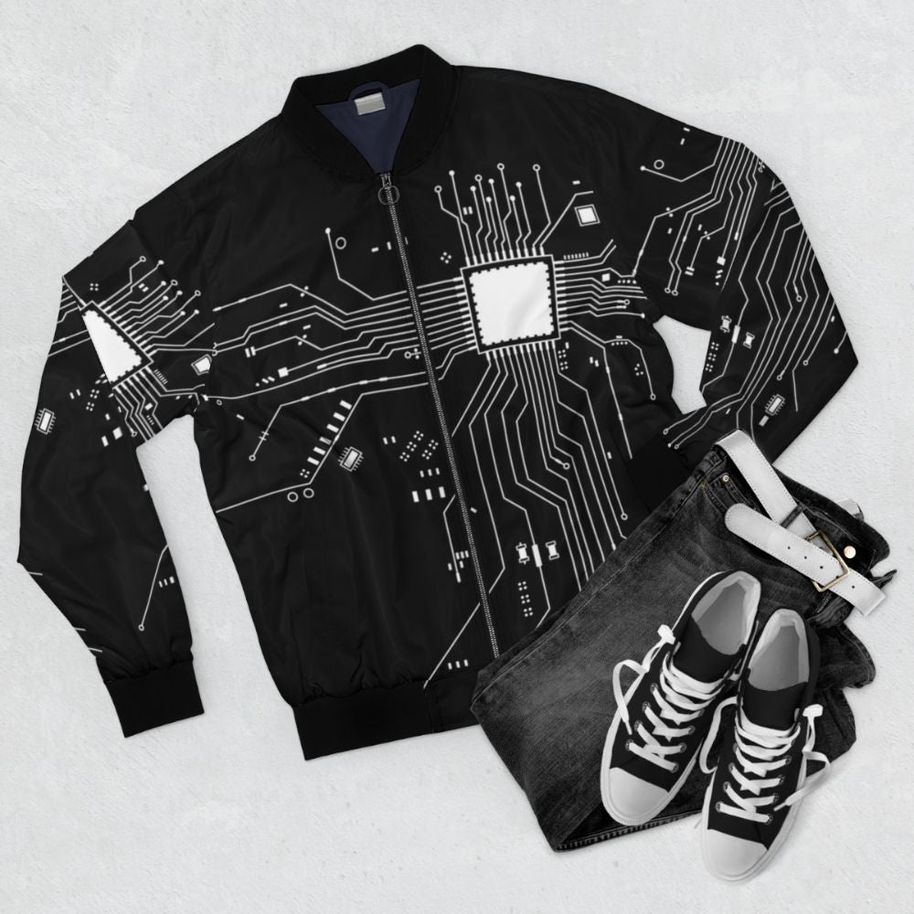 CPU processor circuit diagram printed on a bomber jacket - Flat lay