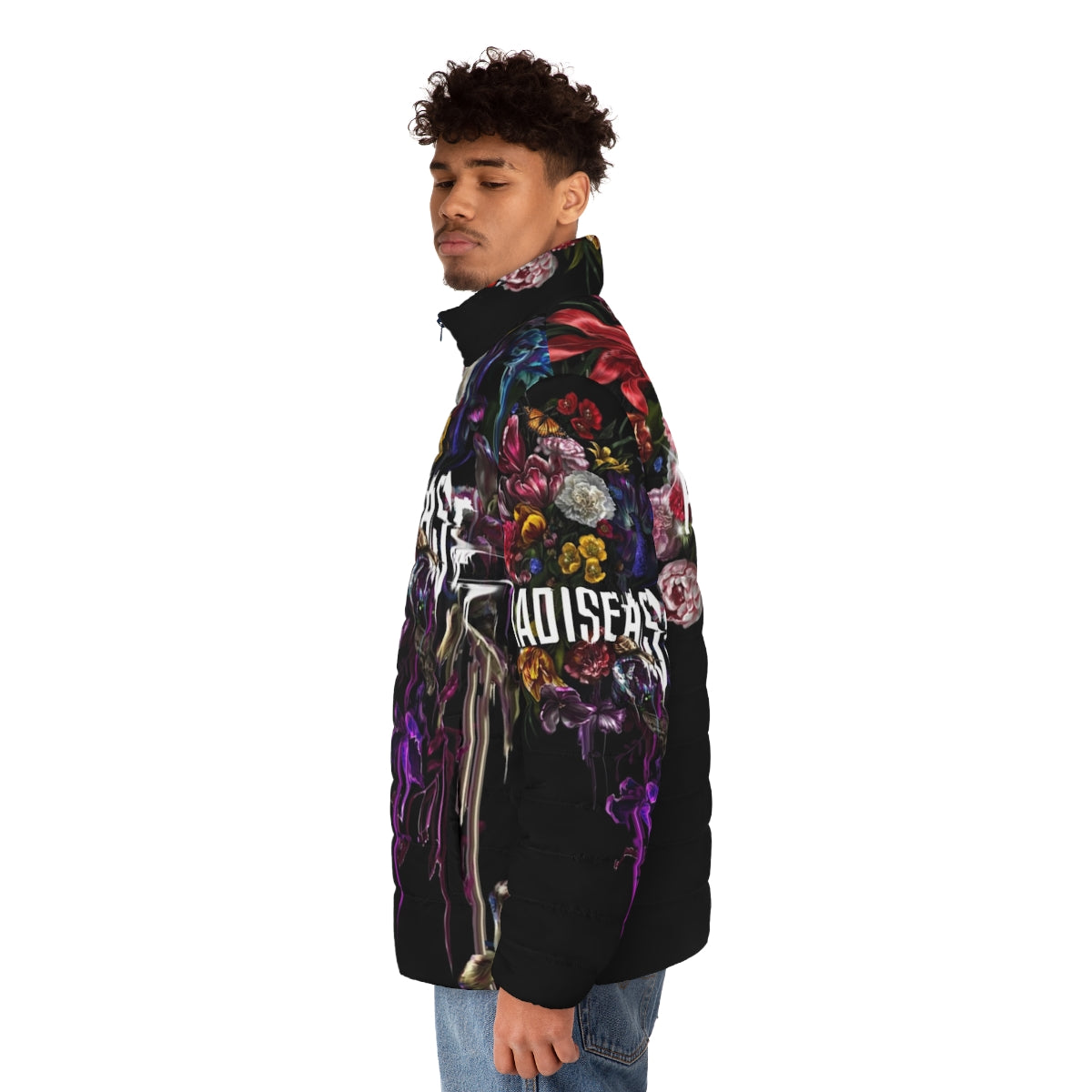 Corrupted Paradise Sci-Fi Puffer Jacket with Glitch and Floral Botanicals - men side left