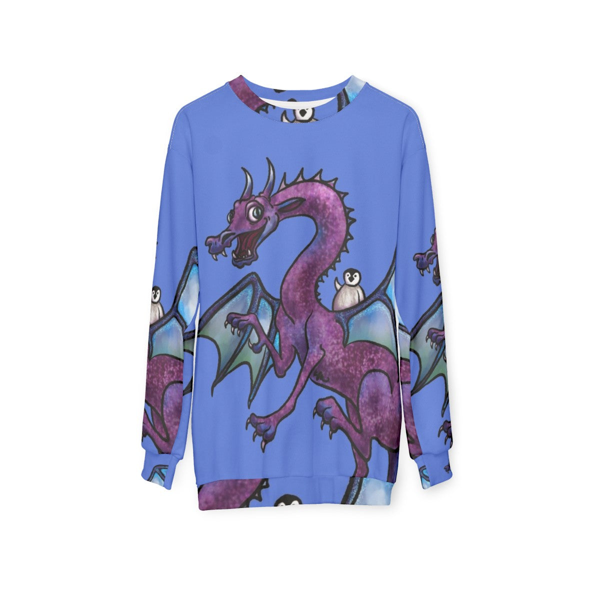 Penguin and dragon saving the day on a heroic fantasy sweatshirt - hanging