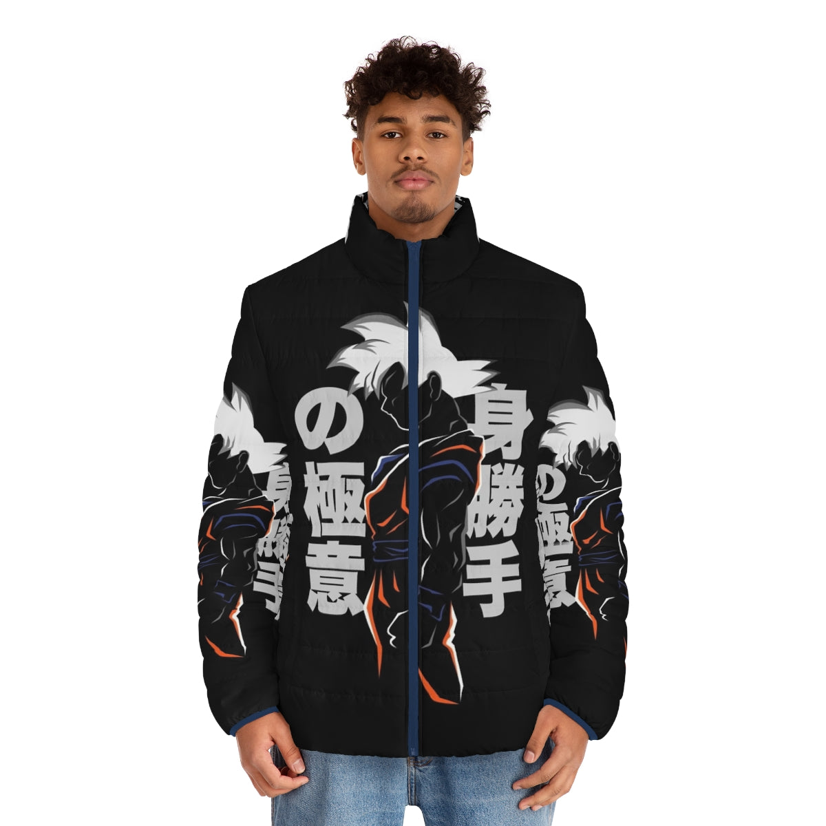 Anime-inspired Jpn Ui puffer jacket with Super Saiyan design - men front