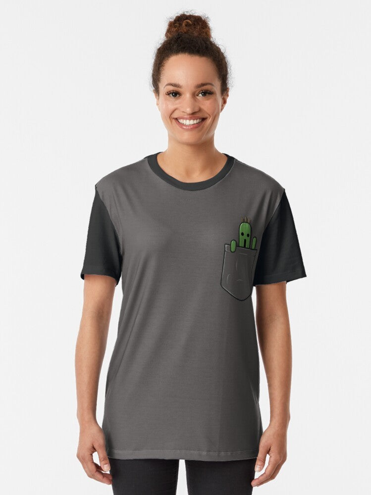 A graphic tee featuring a cute little pocket cactuar from the Final Fantasy video game series. - Women