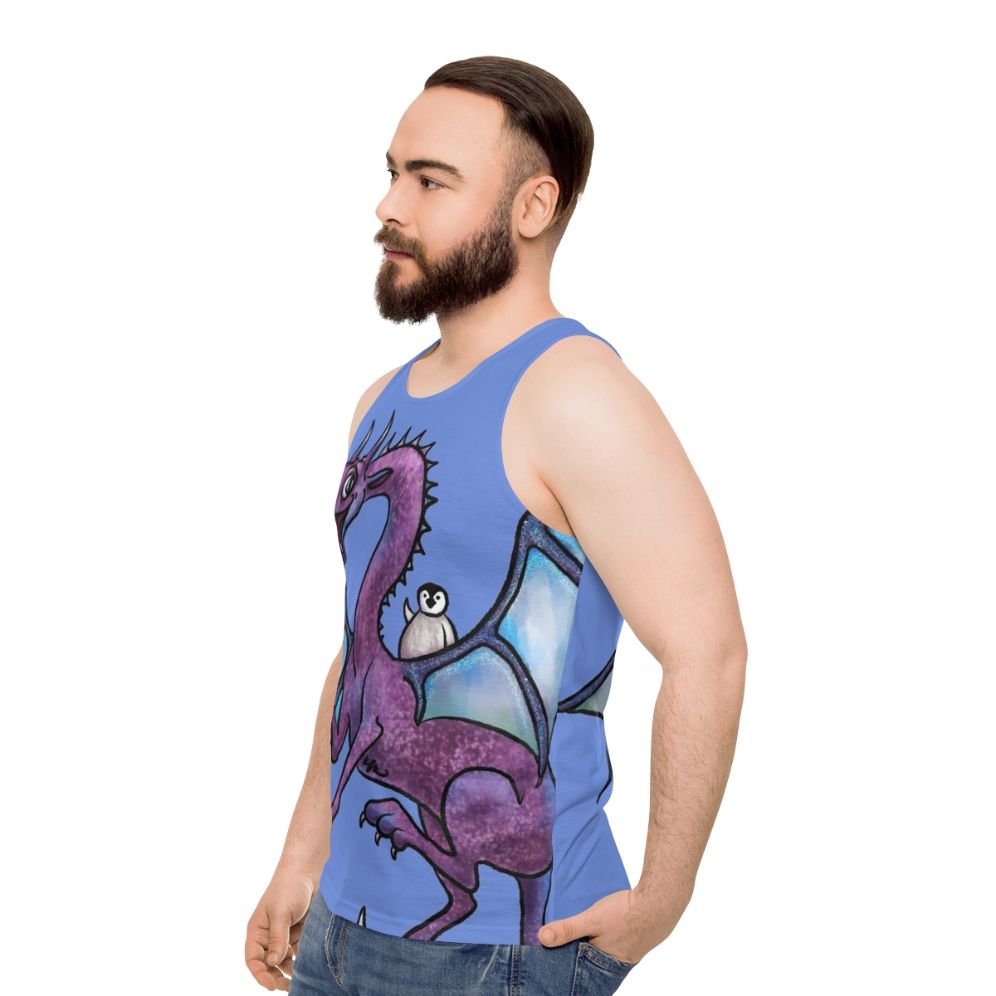 Unisex tank top with fantasy art design of a penguin and dragon in an adventurous scene - men side